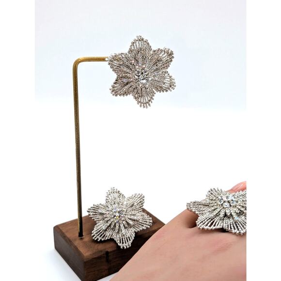 Sparkle Rhinestone Flower Silver Tone Stretch Ring & Matching Pierced Earrings - Picture 7 of 7